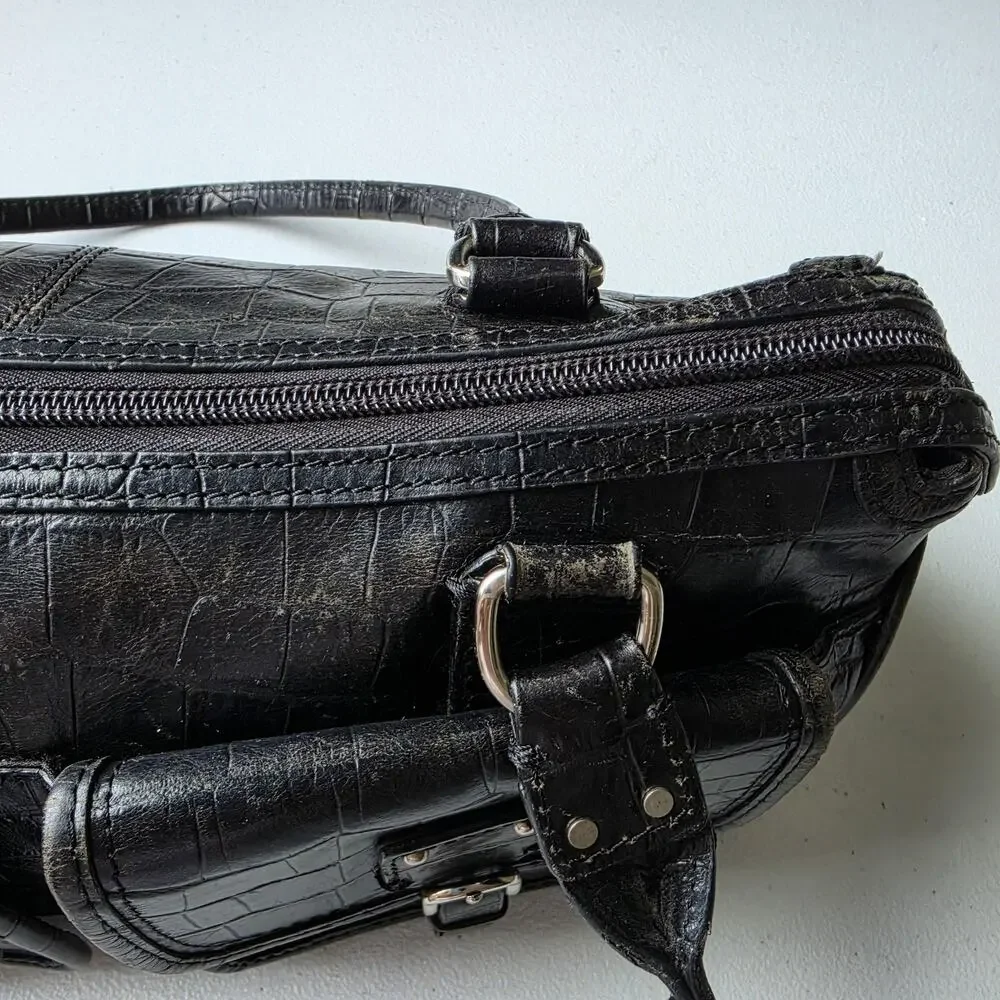 Fossil Shoulder Bag Womens Small Black Croc Embossed Leather Zip Purse Handbag
